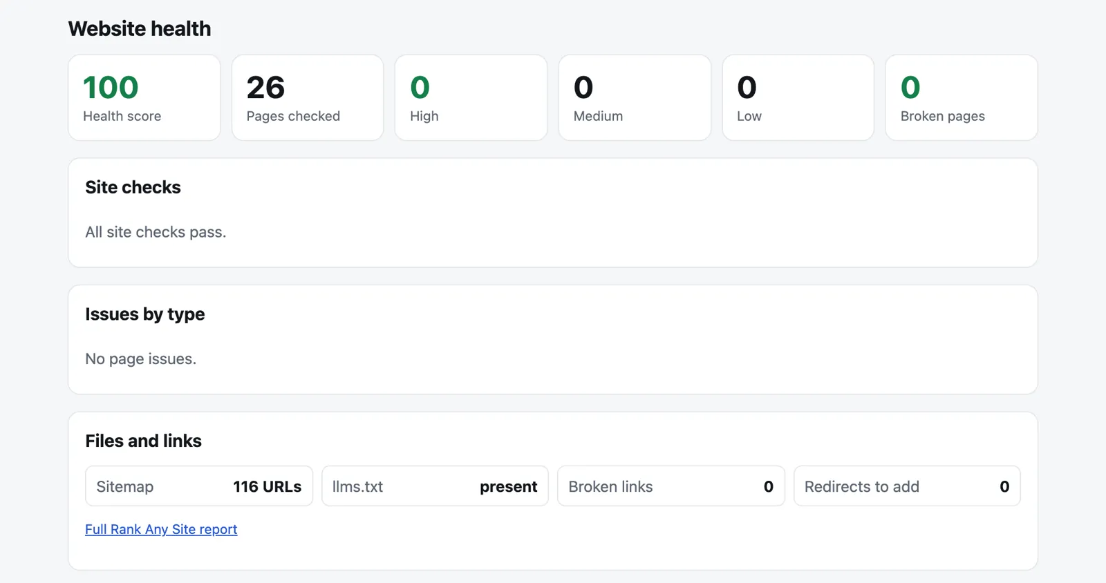 Website health panel for clickflame.com with a health score of 100, 26 pages checked, all site checks passing and llms.txt present