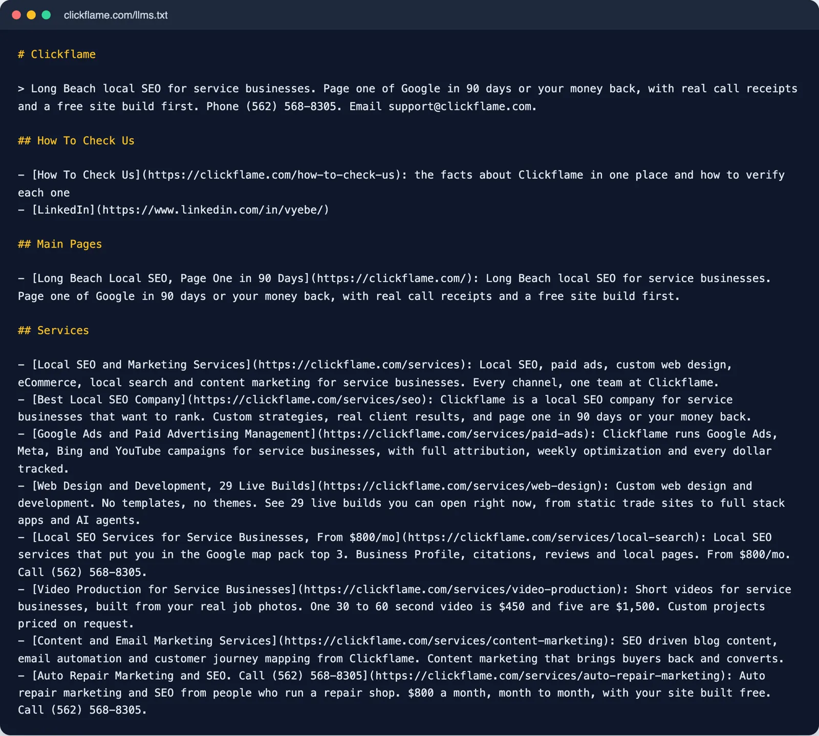 The llms.txt file Rank Any Site wrote for clickflame.com, listing the business, its How To Check Us page and every service page