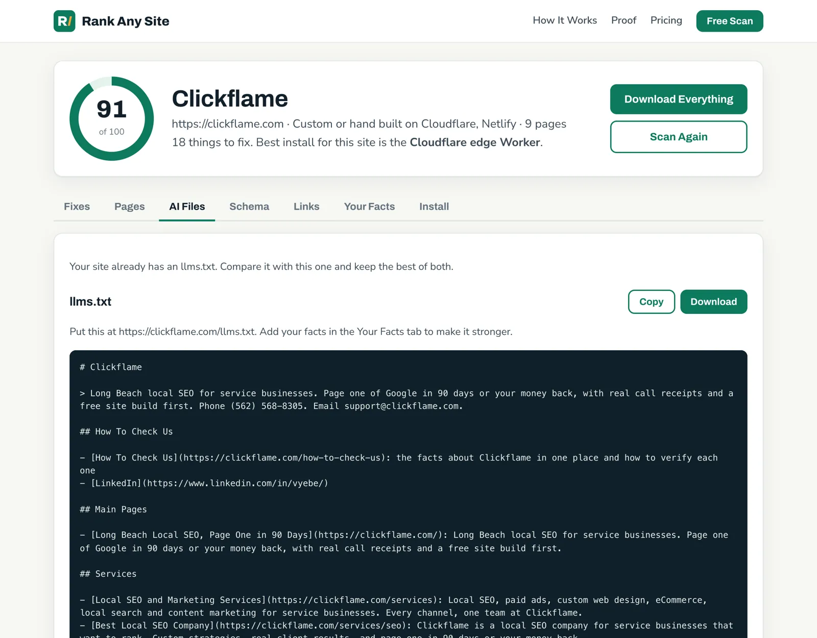 AI Files tab of the clickflame.com report with the generated llms.txt and Copy and Download buttons