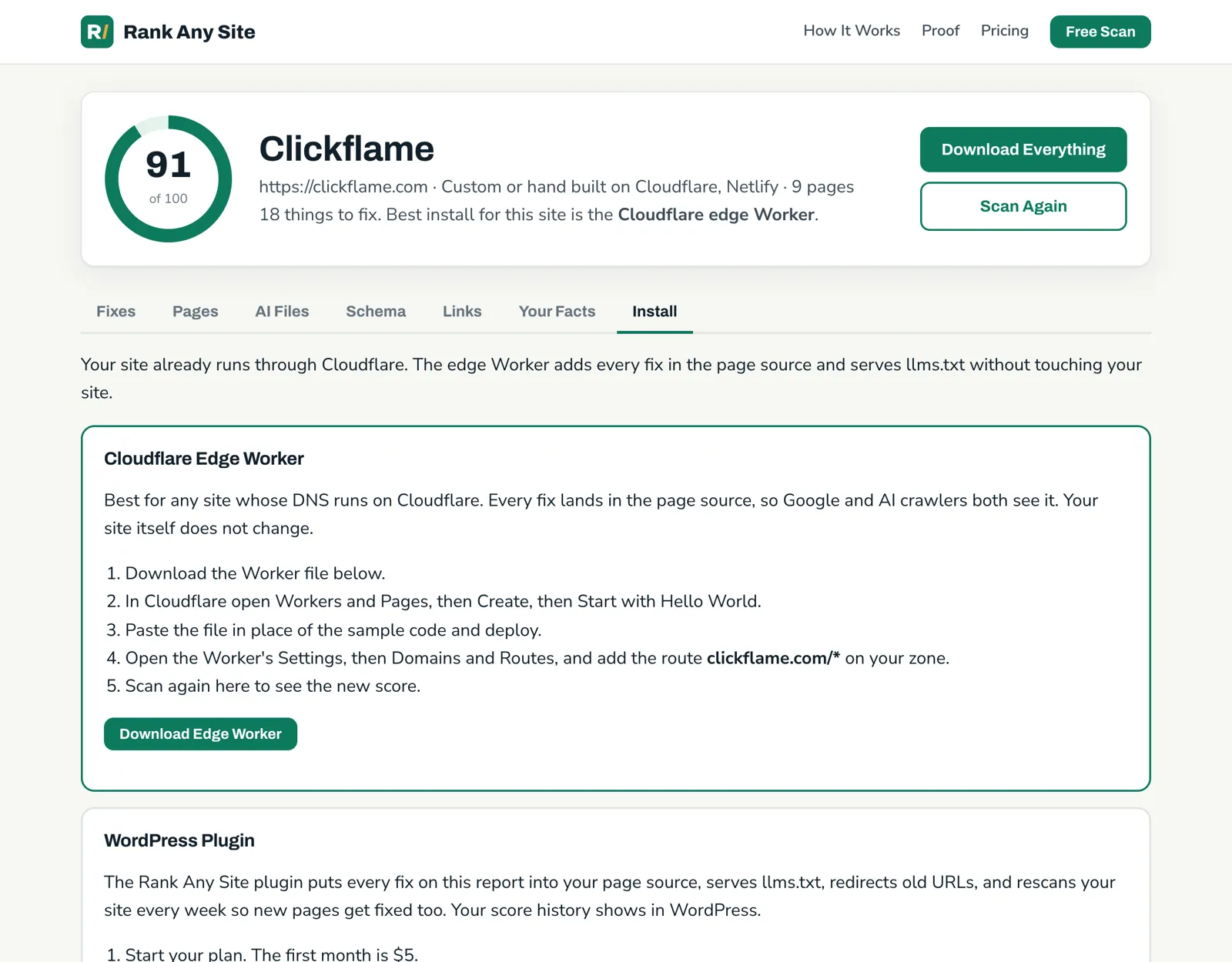 Install tab of the clickflame.com report with the Cloudflare edge Worker, WordPress plugin, snippet and files bundle