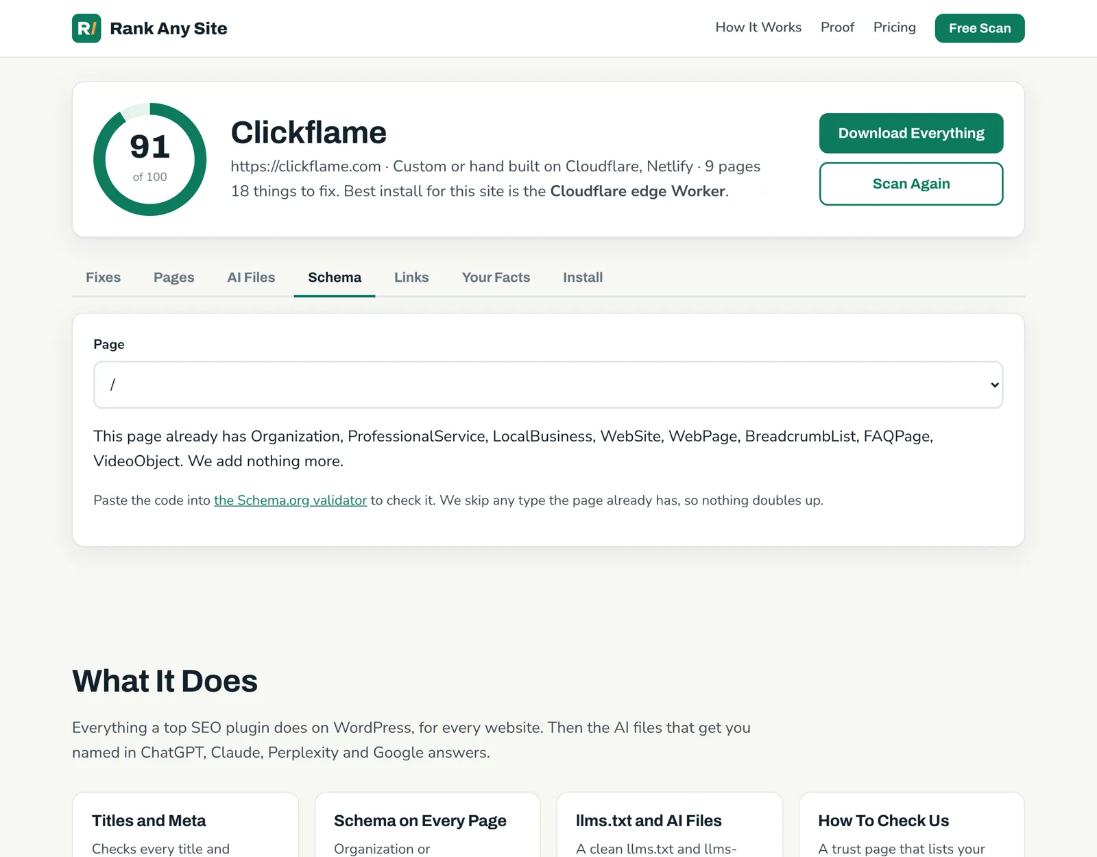 Schema tab of the clickflame.com report listing the schema types the home page already has