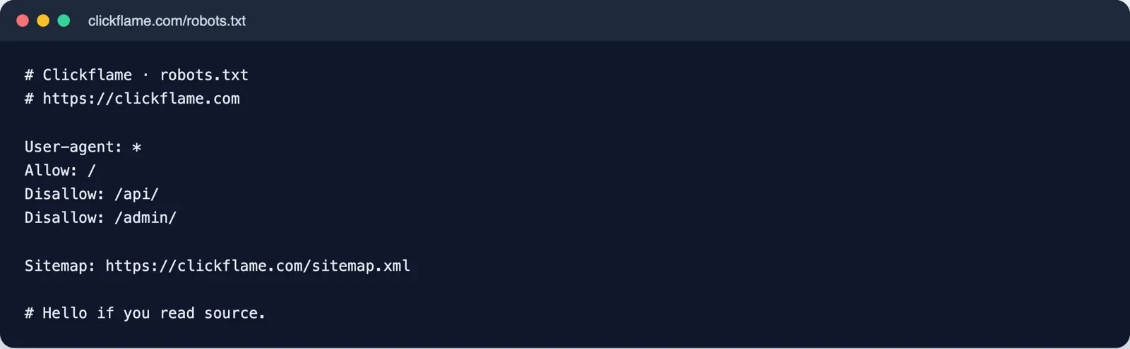 robots.txt for clickflame.com allowing all crawlers and pointing to the sitemap
