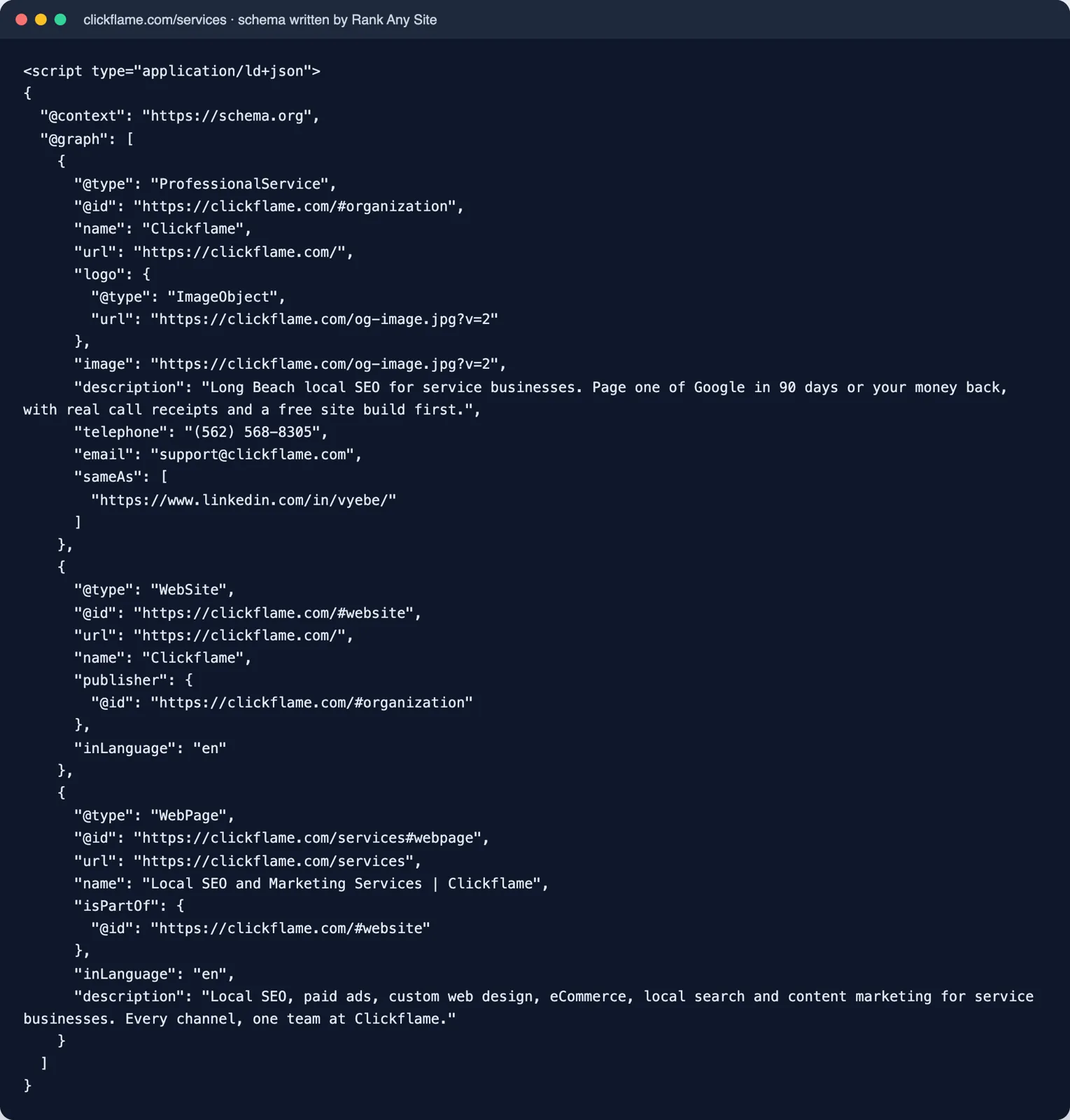 JSON-LD schema written for the clickflame.com services page with ProfessionalService, WebSite and WebPage linked by id