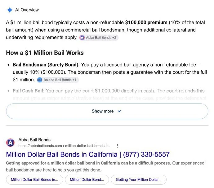 Google search for million dollar bail bonds with Abba Bail Bonds cited first in the AI Overview and ranked first