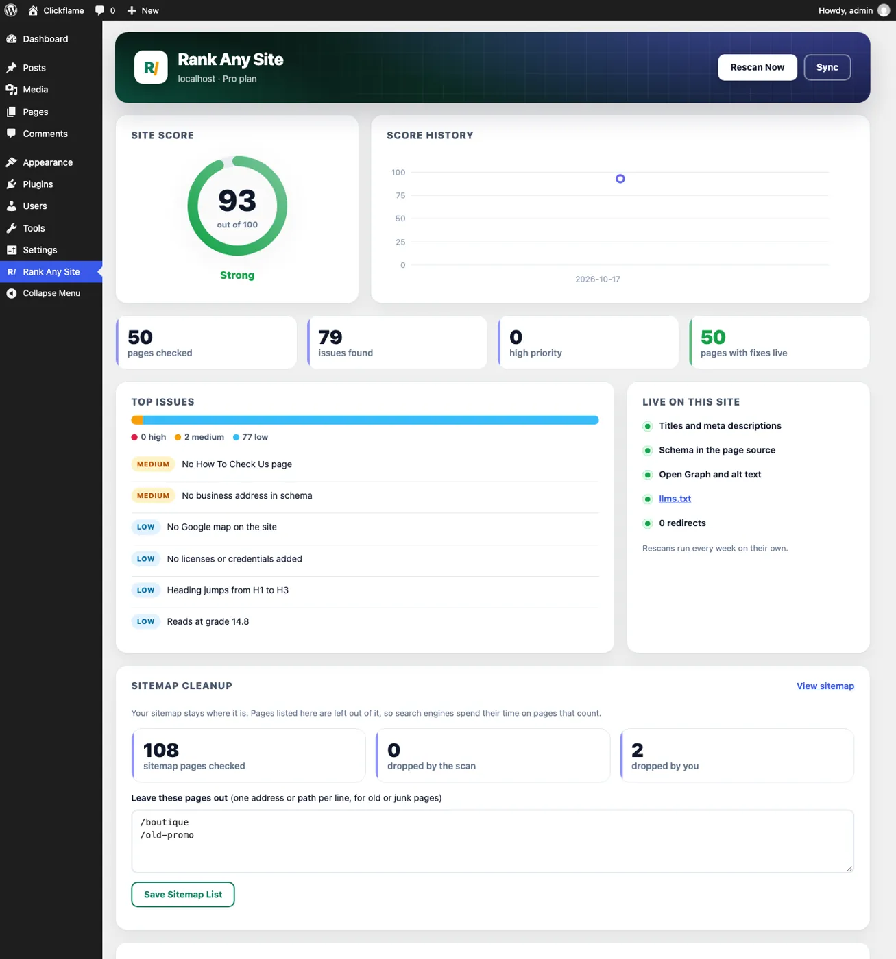 Rank Any Site WordPress plugin dashboard with a site score of 93, score history, top issues and the fixes live on the site